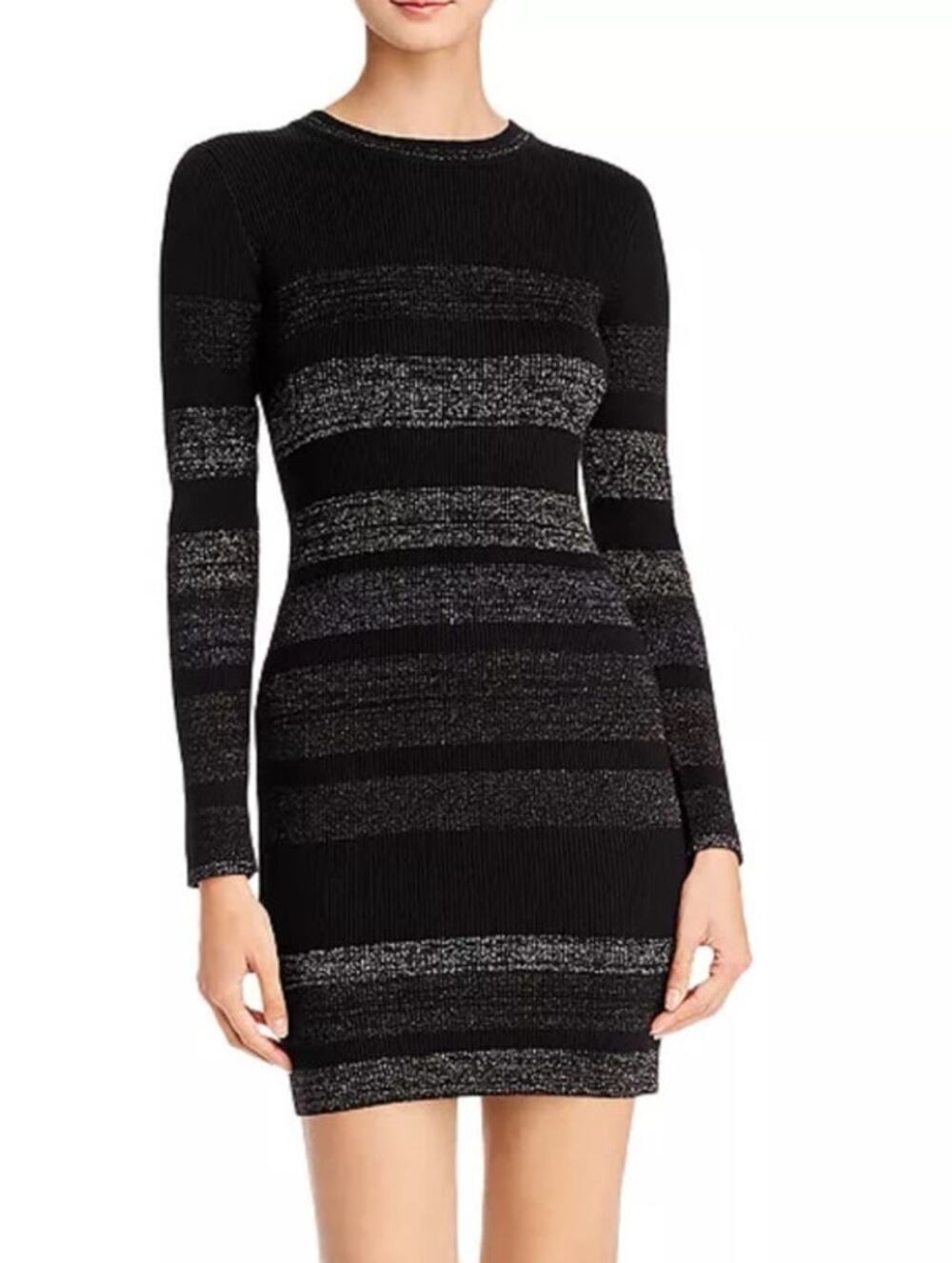 John + Jenn Black Metallic Striped Rib Long Sleeve Sweater Dress Women's Large